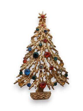 ART Vintage Retro Rhinestone Multicolor Gold Tone Christmas Tree Brooch 2 1/2